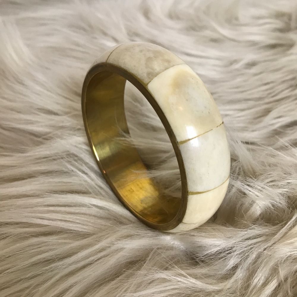 Gold Carved Bone Chunky Bracelet 2.75” opening